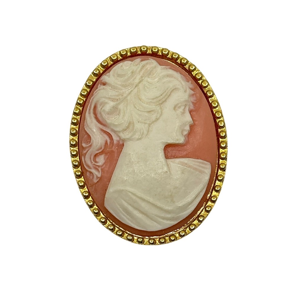 Vintage Pink and White Cameo Brooch Gold Tone Beaded Oval Pin Profile
